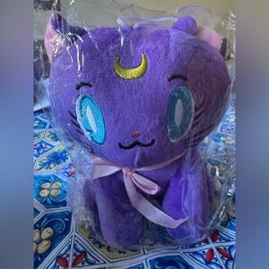 Purple Crescent Moon Cat Plush with Bow